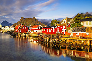 Long exposure to capture the light of sunrise in Svolvaer, during an autumn day, Svolvaer, Lofoten Islands, Nordland, Norway, Scandinavia, Europe