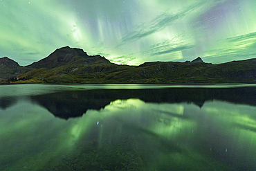 Northern Lights (Aurora Borealis) fill the sky over the fjord during an autumn night, Lofoten Islands, Nordland, Norway, Scandinavia, Europe