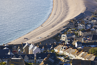 Elevated view of Chesil Beach at sunset, Jurassic Coast, UNESCO World Heritage Site, Dorset, England, United Kingdom, Europe