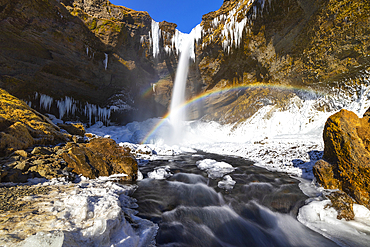 Kvernufoss waterfall with rainbow, Skogar, Sudurland, Iceland, Polar Regions