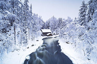 The famous Myllykosky mill during a cold winter day, Oulanka National Park, Kuusamo, Finland, Europe