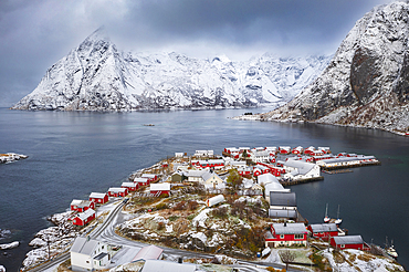 Aerial view of Hamnoy and Eliassen Rorbuer, Moskenes, Moskenesoya, Nordland, Lofoten, Norway, Scandinavia, Europe