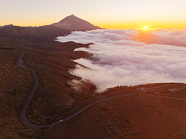 Aerial view taken by drone of an amazing sunset in Teide National Park, UNESCO World Heritage Site, Tenerife, Canary Islands, Spain, Atlantic, Europe