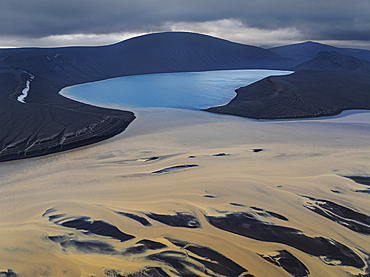 Aerial view taken by drone of Skyggnisvtn lake in Landmannalaugar area, during a summer day, Iceland, Polar Regions