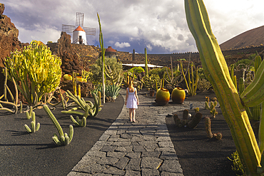 A tourist in Jardin de Cactus, Guatiza, Lanzarote, Canary Islands, Spain, Atlantic, Europe