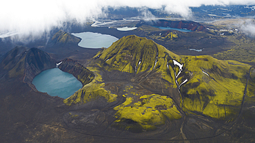 Aerial view taken by drone of Landmannalaugar mountain on a cloudy summer day, Iceland, Polar Regions