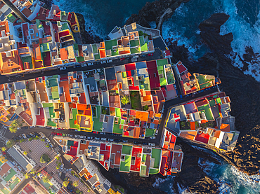 Overhead view of colorful houses in Punta Brava during sunrise, Puerto de La Cruz, Tenerife, Canary Islands, Macaronesia, Spain, Western Europe