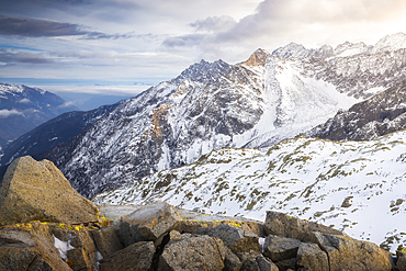 View of Cima Palù from Passo Paradiso at Tonale Pass, Trento, Trentino Alto Adige, Italy, Southern Europe