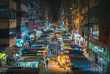 Illuminated Mong Kok market during night, Kowloon, Hong Kong, China, Asia
