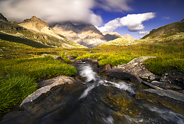 Roche Bernaude and Roche Pompée during sunset in summer, Provence Alps Cote d’Azur, Haute Alps, Vallee Etroite, France, Europe