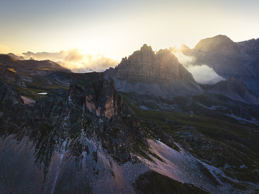 Aerial view of Grand Serù and Grand Adret at sunrise during summer, Provence Alps Cote d’Azur, Haute Alps, Vallee Etroite, France, Europe