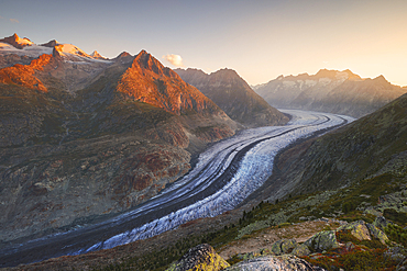 Aletsch Glacier during sunrise in summer, Riederalp, Oriental Raron, Valais, Switzerland, Europe