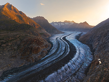 Aletsch Glacier during sunrise in summer, Riederalp, Oriental Raron, Valais, Switzerland, Europe