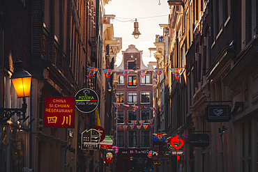 Red light district of Amsterdam during sunset, Netherlands, North Holland, Western Europe