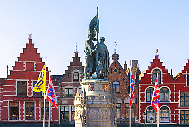 Markt and its statue during sunset, Bruges, Belgium, East Flanders, Flanders, Western Europe