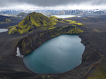 Aerial view taken by drone of Landmannalaugar mountain on a cloudy summer day, Iceland, Polar Regions