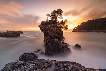 Long exposure to capture the sunset light along the Lerici coast, on a winter day, Lerici, La Spezia province, Liguria district, Italy, Europe