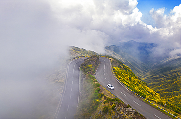 Aerial view of a car at Lombo do Mouro, Laurel's forest, Paul da Serra, Madeira, Portugal, Atlantic, Europe