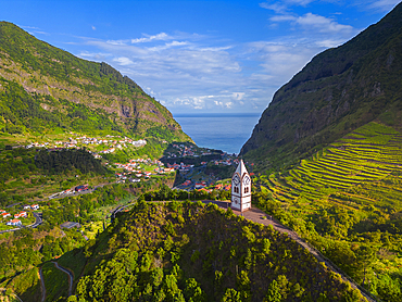 Aerial view of Capelinha de Nossa Senhora de Fatima at sunrise, Sao Vicente, Madeira, Portugal, Atlantic, Europe