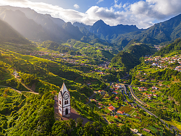 Aerial view of Capelinha de Nossa Senhora de Fatima at sunrise, Sao Vicente, Madeira, Portugal, Atlantic, Europe