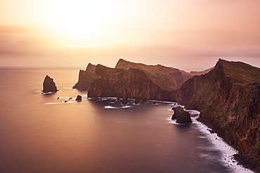 Long exposure to capture the sunrise light at Sao Lourenco Peninsula on a spring day, Madeira, Portugal, Atlantic, Europe