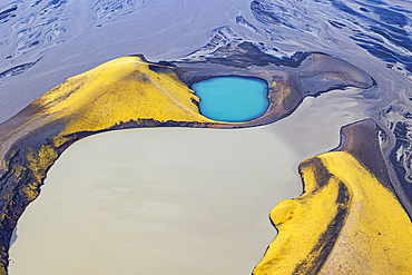 Aerial view by airplane of incredible turquoise volcanic Skafta lake in Icelandic Highlands, Iceland, Polar Regions