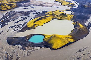 Aerial view by airplane of incredible turquoise volcanic Skafta lake in Icelandic Highlands, Iceland, Polar Regions