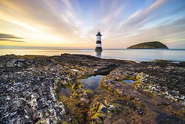 Trwyn Du Lighthouse at sunset in summer, Beaumaris, Wales, Great Britain, United Kingdom, Europe