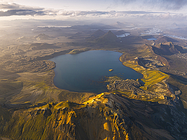 Aerial view taken by drone of natural landscape in Landmannaugar area on a summer day, Iceland, Polar Regions