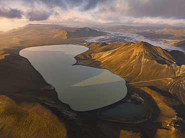 Aerial view taken by drone of natural landscape in Landmannaugar area on a summer day, Iceland, Polar Regions