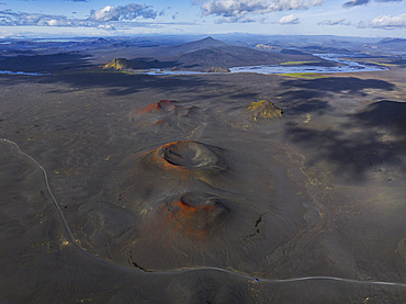 Aerial view taken by drone of natural landscape in Landmannaugar area on a summer day, Iceland, Polar Regions