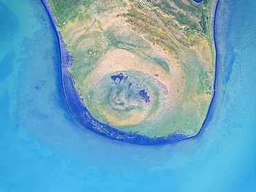 Aerial vertical view of old volcano near to Myvatn lake on a summer day, Iceland, Polar Regions