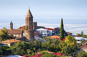 A view of Sighnaghi high above the wine producing region of Kakheti, Georgia, Central Asia, Asia