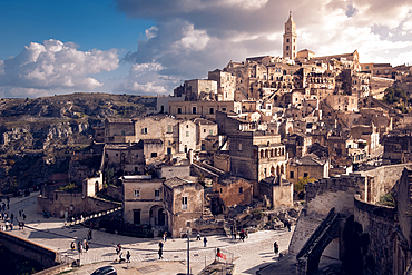 Wide view of the ancient cave city of Matera at sunset, Matera, Basilicata, Italy, Europe