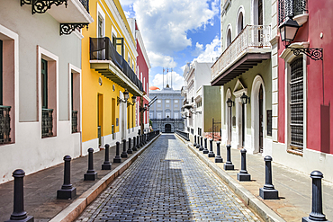 A colourful colonial street in San Juan, Puerto Rico, Caribbean, Central America