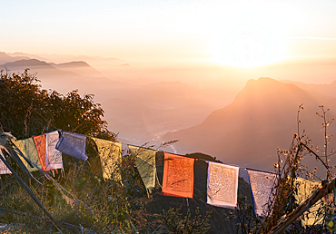 A colourful sunrise over the mountains of the Anapurna range, Australian Camp, Himalayas, Nepal, Asia