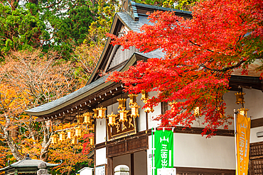 Golden lanterns hanging under a temple roof, glowing brightly against a backdrop of wooden beams. Zen Buddhist temple. Mount Hiei, Hiei San, Kyoto area