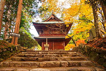 Enryaku-ji Temple Enryaku-ji Mount Hiei, Hiei San, Kyoto area. Autumnal forest and stone stairs leading up to this Zen Buddhist temple