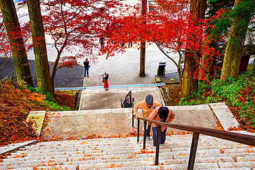 Stairs with visitors and autumnal leaves eating up the Hiesan Mountain. Sacred Temple mountain near Kyoto