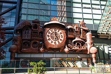 The intricate Nitamago Clock, designed by Hayao Miyazaki, located in the Shiodome area of Tokyo, Japan.