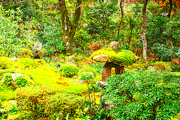 A lush moss garden with intricate landscaping and stone features, reflecting traditional Japanese aesthetics in Shuheki-en Garden.