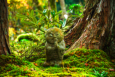 A lone warabe Jizo statue standing serenely amidst the verdant moss and foliage near Sanzen-in Temple in Ohara, Kyoto.