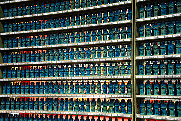 Close-up of small, blue Buddha statues neatly arranged on shelves, symbolizing serenity and devotion at Sanzen-in Temple, Kyoto.