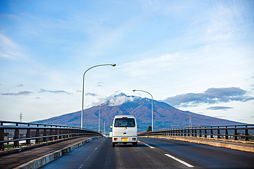 Road trip, Volcano summit and a highway, Hokkaido, Japan, Asia