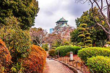 Beautiful calm japanese gardens at Osaka Castle in Japan