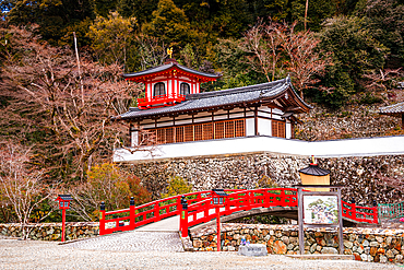 Beautiful red bridge at Buddhist temple Ryuan-ji at Minoh National Park near Osaka,Kansai Japan