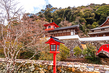 Beautiful red bridge at Buddhist temple Ryuan-ji at Minoh National Park near Osaka,Kansai Japan