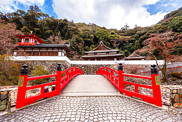 Beautiful red bridge at Buddhist temple Ryuan-ji at Minoh National Park near Osaka,Kansai Japan