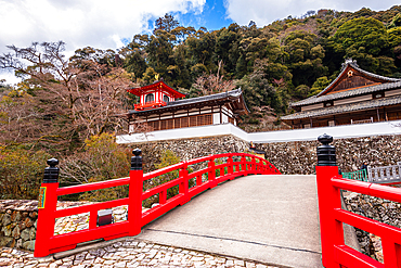 Beautiful red bridge at Buddhist temple Ryuan-ji at Minoh National Park near Osaka,Kansai Japan