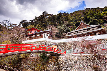 Beautiful red bridge at Buddhist temple Ryuan-ji at Minoh National Park near Osaka,Kansai Japan